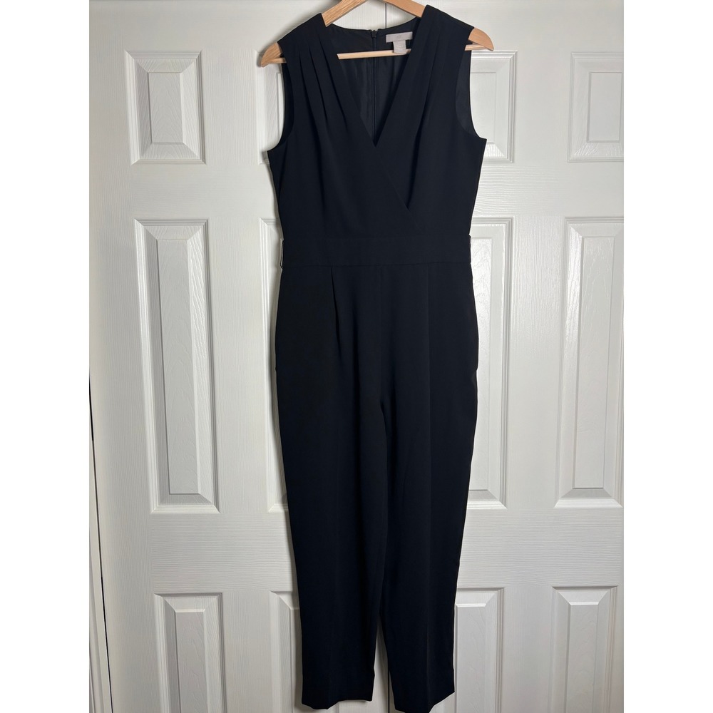 H&M Black Sleeveless Surplice V-Neck Pleated Tapered Leg Jumpsuit Size 6